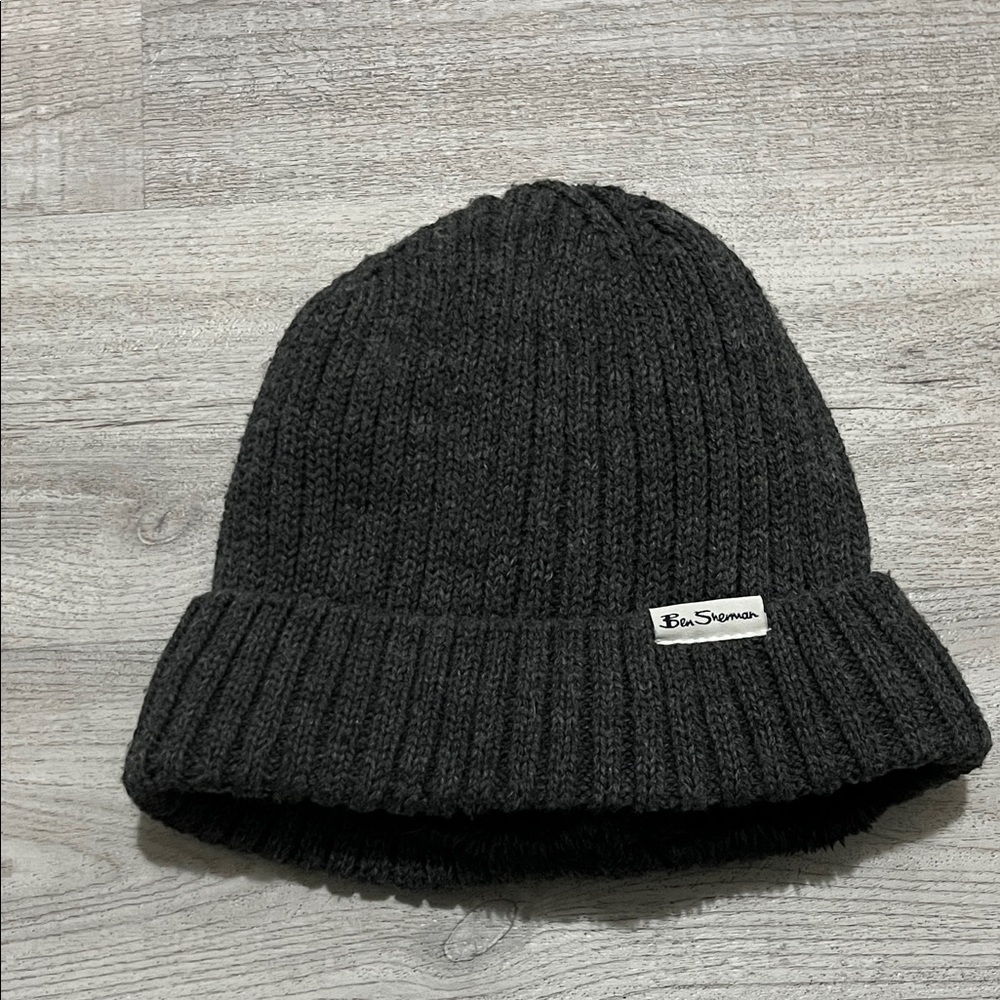 Ben Sherman Charcoal Ribbed Beanie Hat with Soft Sherpa Lining